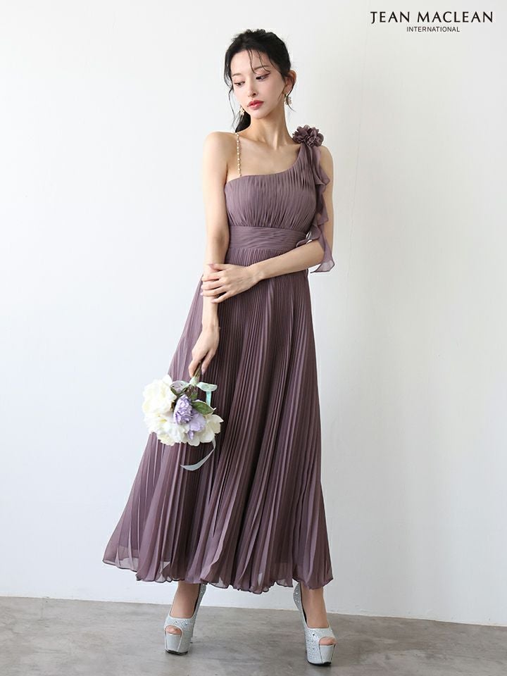 JEAN MACLEAN ジャンマクレーン ワンショル/プリーツ/シフォン/チェーンショルダー付き/ミモレ丈/ミディアムドレス  ja51969