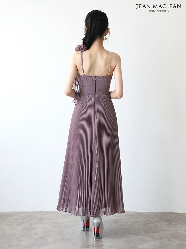 JEAN MACLEAN ジャンマクレーン ワンショル/プリーツ/シフォン/チェーンショルダー付き/ミモレ丈/ミディアムドレス  ja51969