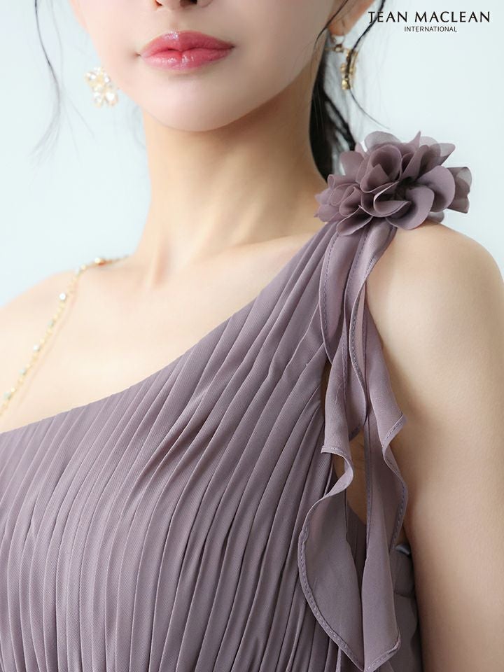 JEAN MACLEAN ジャンマクレーン ワンショル/プリーツ/シフォン/チェーンショルダー付き/ミモレ丈/ミディアムドレス  ja51969