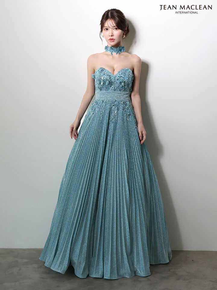 JEAN MACLEAN ジャンマクレーン フラワーモチーフ/ラメニット/チョーカー付き/プリーツ/Aライン/ロングドレス ja51977