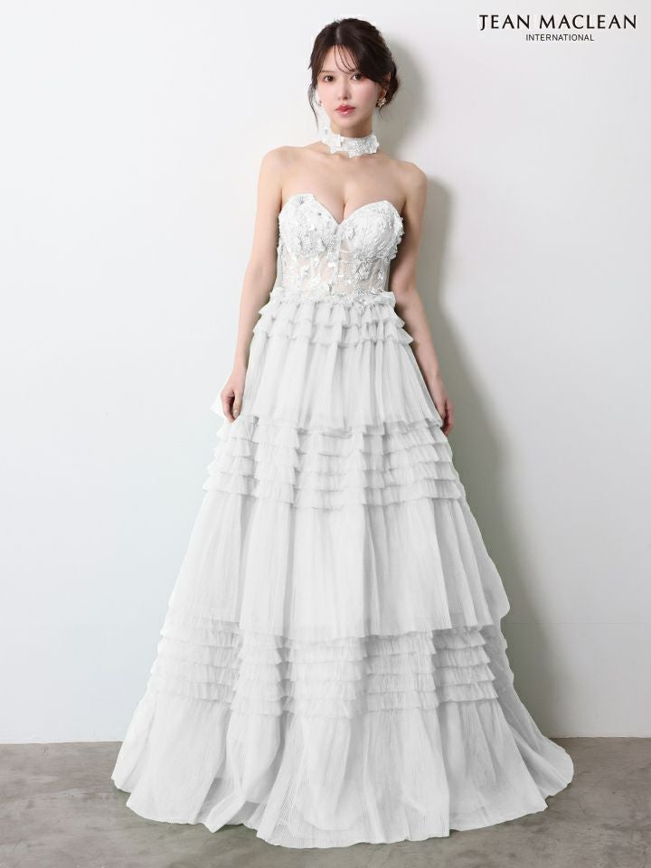 JEAN MACLEAN ジャンマクレーン フラワーモチーフ/スパンコール刺繍/3段ボリュームフリル/チョーカー付き/姫/ロングドレス  ja51978