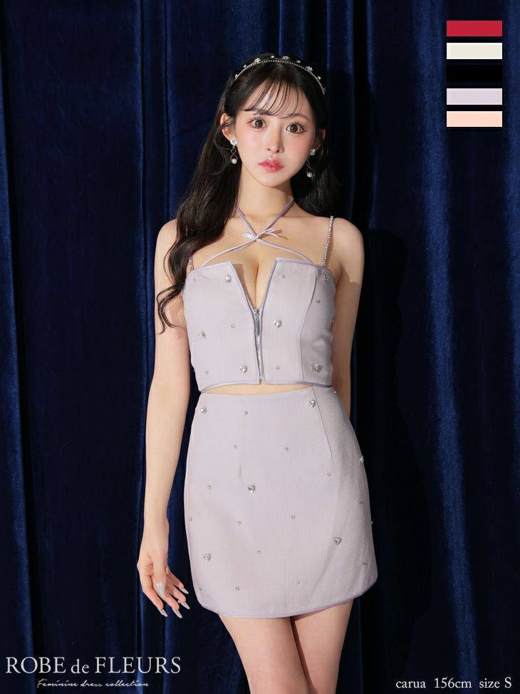 ROBE de FLEURS ローブドフルール 2way ハートビジューバストカットセットアップミニキャバドレス fm3586