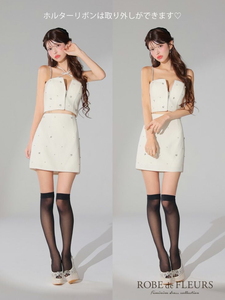 ROBE de FLEURS ローブドフルール 2way ハートビジューバストカットセットアップミニキャバドレス fm3586