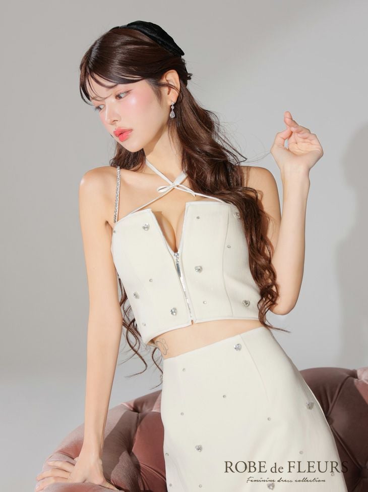 ROBE de FLEURS ローブドフルール 2way ハートビジューバストカットセットアップミニキャバドレス fm3586