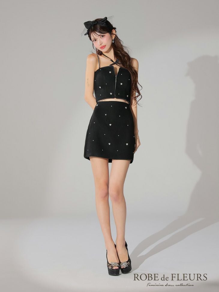 ROBE de FLEURS ローブドフルール 2way ハートビジューバストカットセットアップミニキャバドレス fm3586