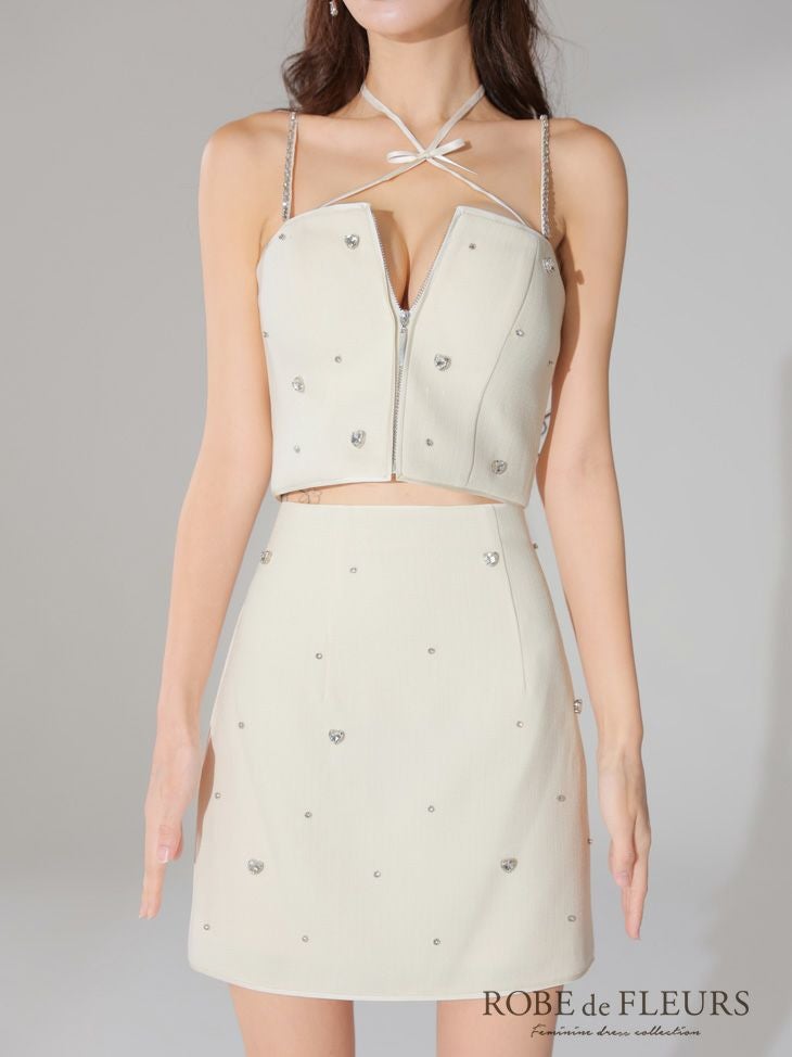 ROBE de FLEURS ローブドフルール 2way ハートビジューバストカットセットアップミニキャバドレス fm3586