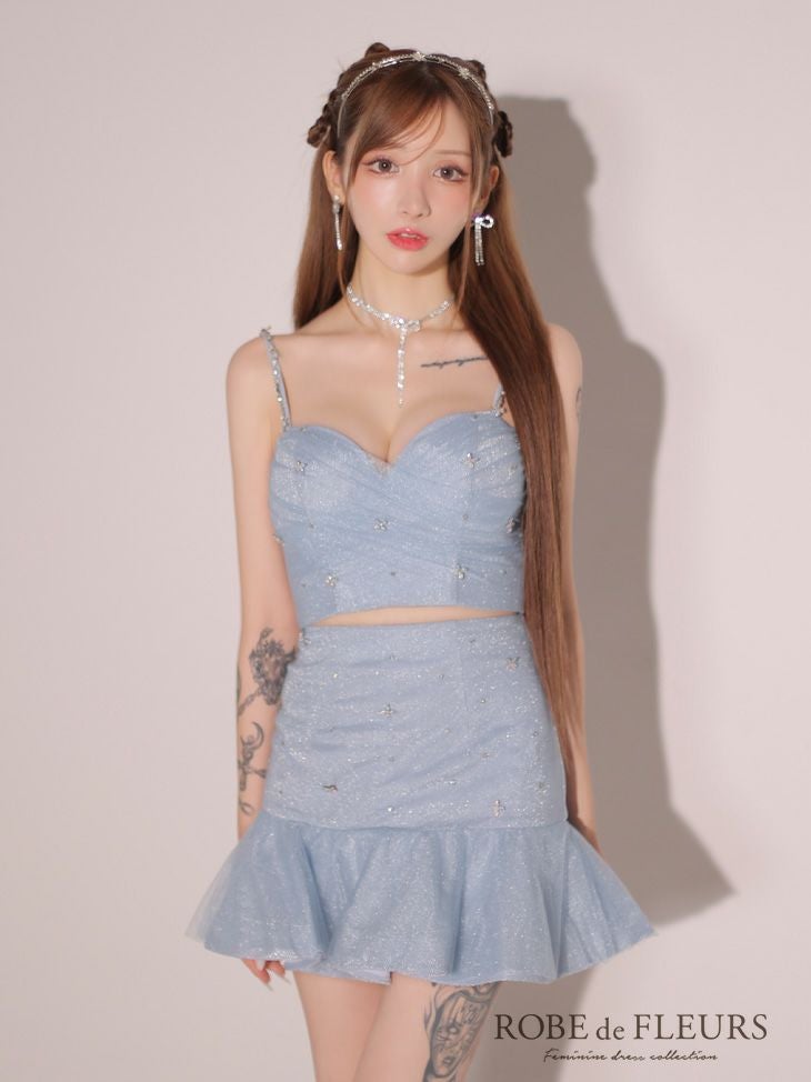 ROBE de FLEURS ローブドフルール シンプルビジューラメニットフリルチュールミニキャバドレス fm3431