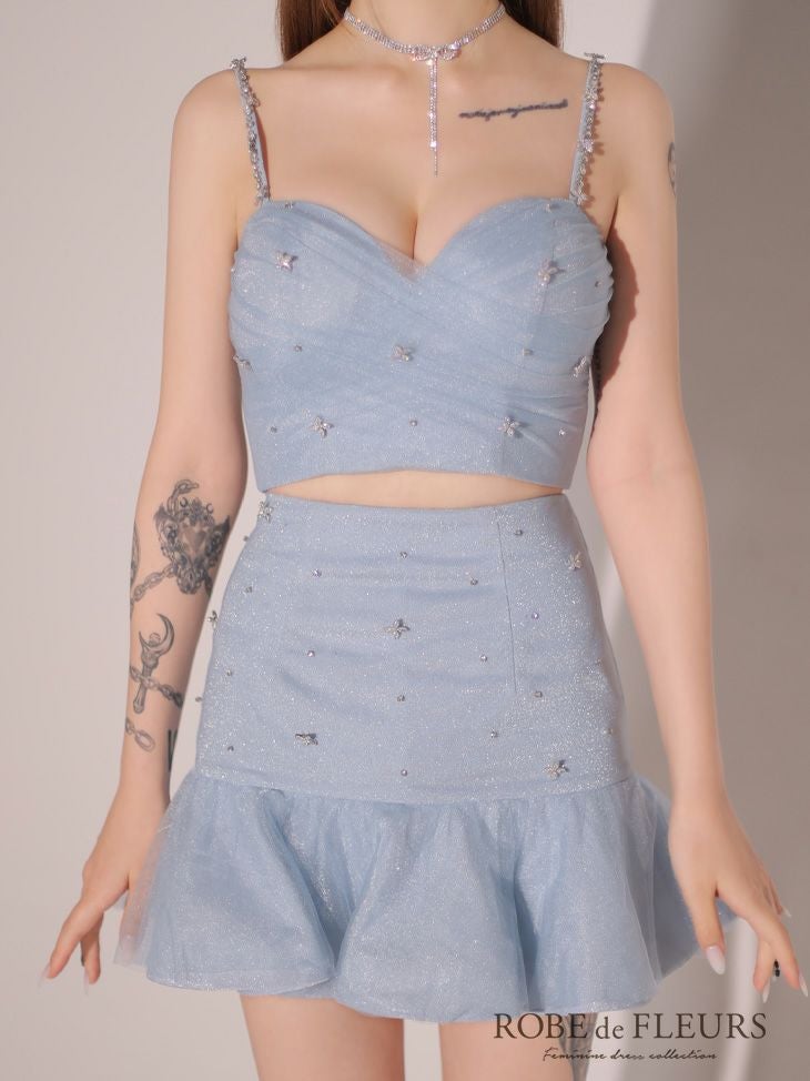 ROBE de FLEURS ローブドフルール シンプルビジューラメニットフリルチュールミニキャバドレス fm3431
