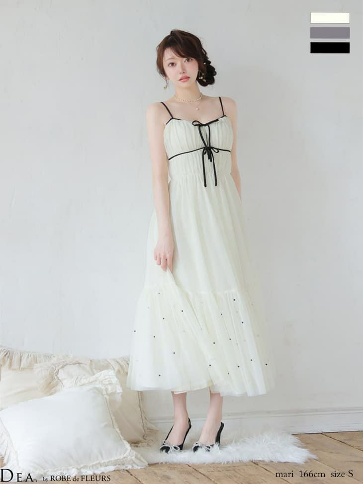 ROBE de FLEURS ローブドフルール 【XSサイズあり】 ドットパールリボン チュールフレアロングキャバドレス fm4335-c