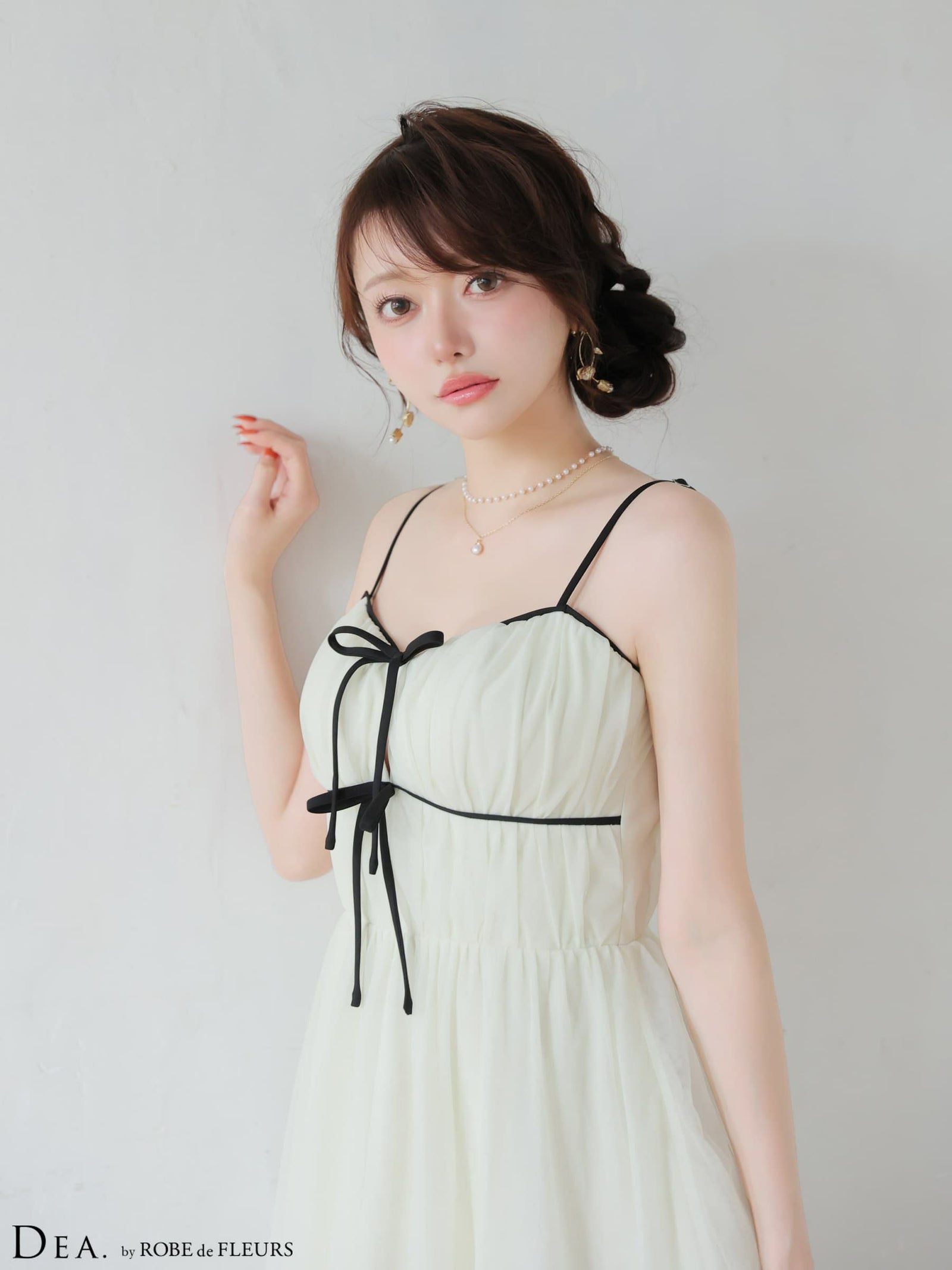 ROBE de FLEURS ローブドフルール 【XSサイズあり】 ドットパールリボン チュールフレアロングキャバドレス fm4335-c