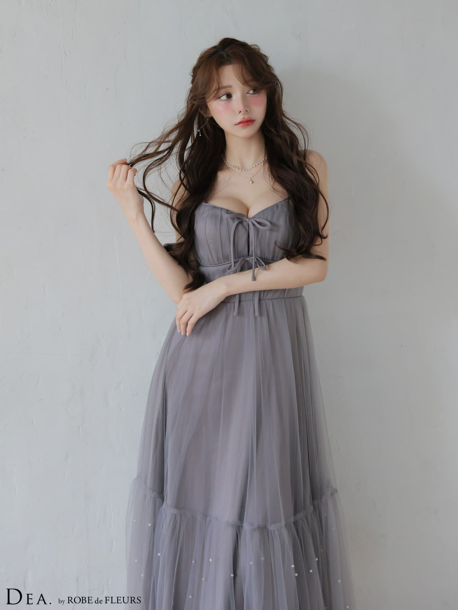 ROBE de FLEURS ローブドフルール 【XSサイズあり】 ドットパールリボン チュールフレアロングキャバドレス fm4335-c