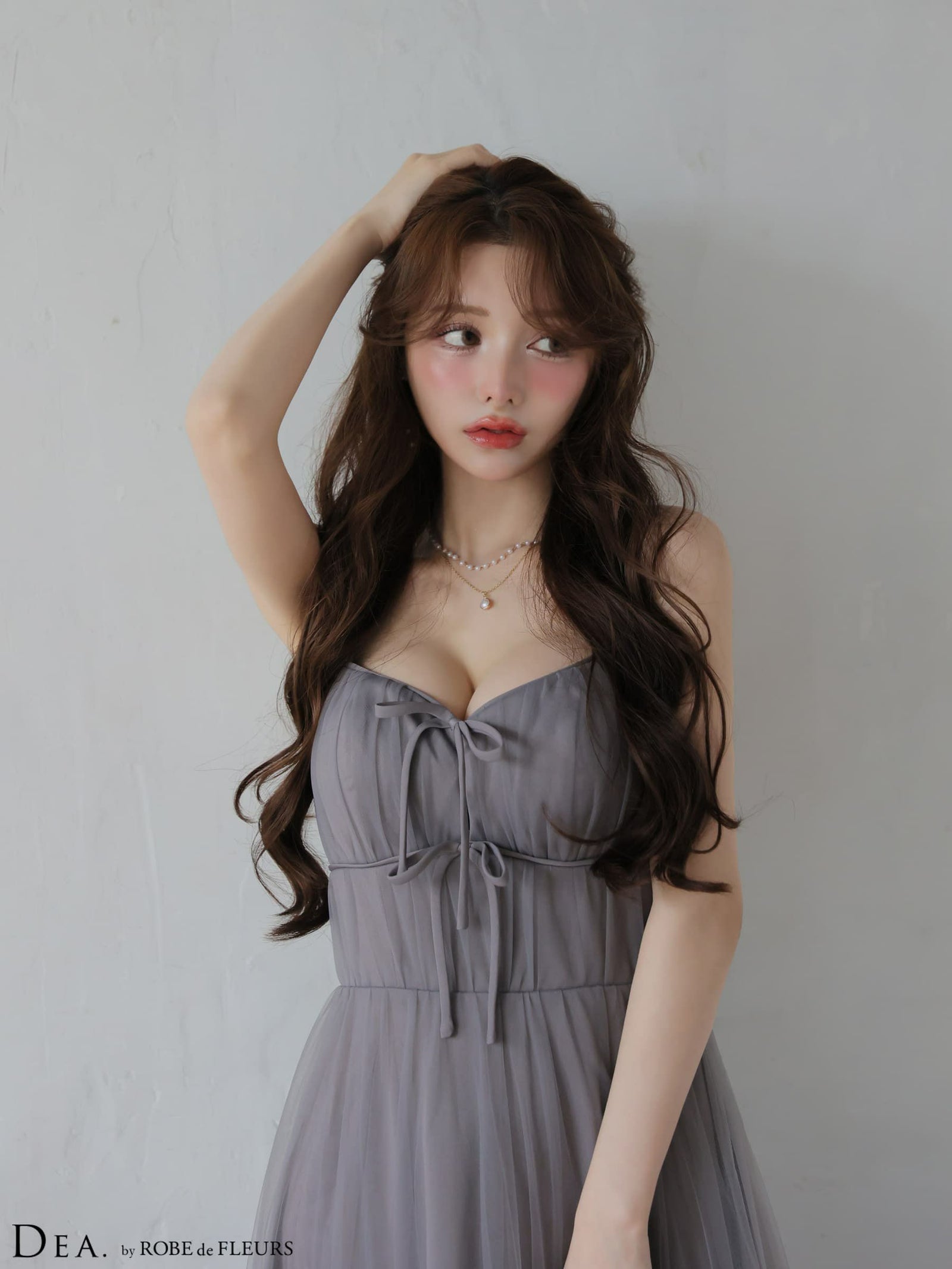 ROBE de FLEURS ローブドフルール 【XSサイズあり】 ドットパールリボン チュールフレアロングキャバドレス fm4335-c