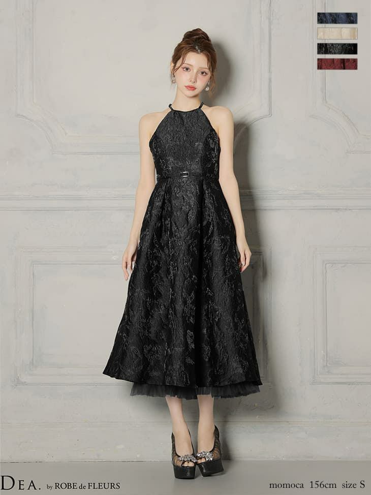 DEA. ディア バイ ローブドフルール 【XSサイズ～Lサイズあり】 ラメジャガードハイネックフレアロングキャバドレス de4332-c