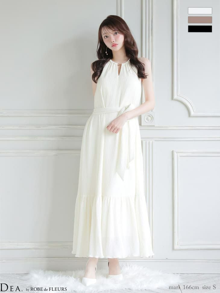 DEA. ディア バイ ローブドフルール 【S～Lサイズあり】 シフォンプリーツVネックウエストリボンロングキャバドレス de4626-c