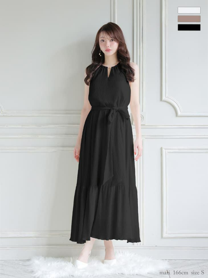 DEA. ディア バイ ローブドフルール 【S～Lサイズあり】 シフォンプリーツVネックウエストリボンロングキャバドレス de4626-c