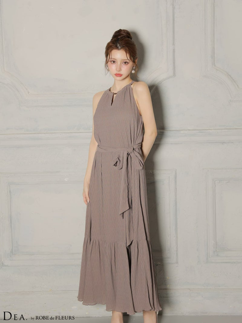 DEA. ディア バイ ローブドフルール 【S～Lサイズあり】 シフォンプリーツVネックウエストリボンロングキャバドレス de4626-c