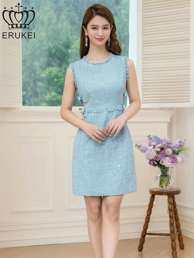 ERUKEI エルケイ ノースリーブ・フリンジ・スパンコール・ラメ糸・ツイード・リボン・カットアウト・スリット・Aライン・ミニドレス・ワンピース ek-e25013