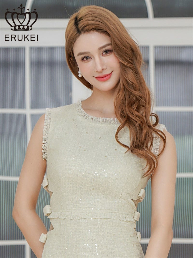 ERUKEI エルケイ ノースリーブ・フリンジ・スパンコール・ラメ糸・ツイード・リボン・カットアウト・スリット・Aライン・ミニドレス・ワンピース ek-e25013