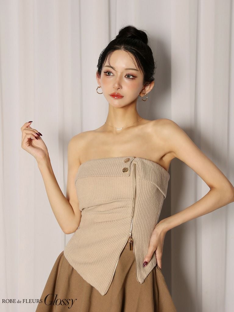 Glossy ローブドフルールグロッシー 【XSサイズあり】ベアトップアシンメトリーセットアップフレアミニキャバドレス gl4607