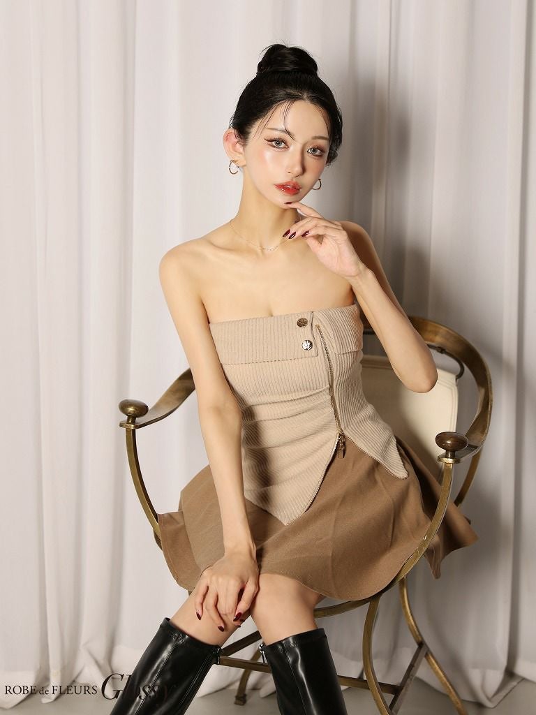 Glossy ローブドフルールグロッシー 【XSサイズあり】ベアトップアシンメトリーセットアップフレアミニキャバドレス gl4607