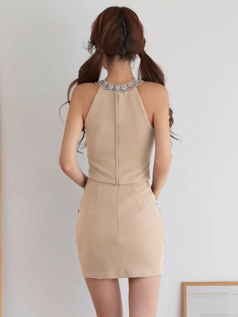 AngelR エンジェルアール ホルターネックパールチェーンビジューセパレート2ピースポケット付きタイトマイクロミニドレス ar25350