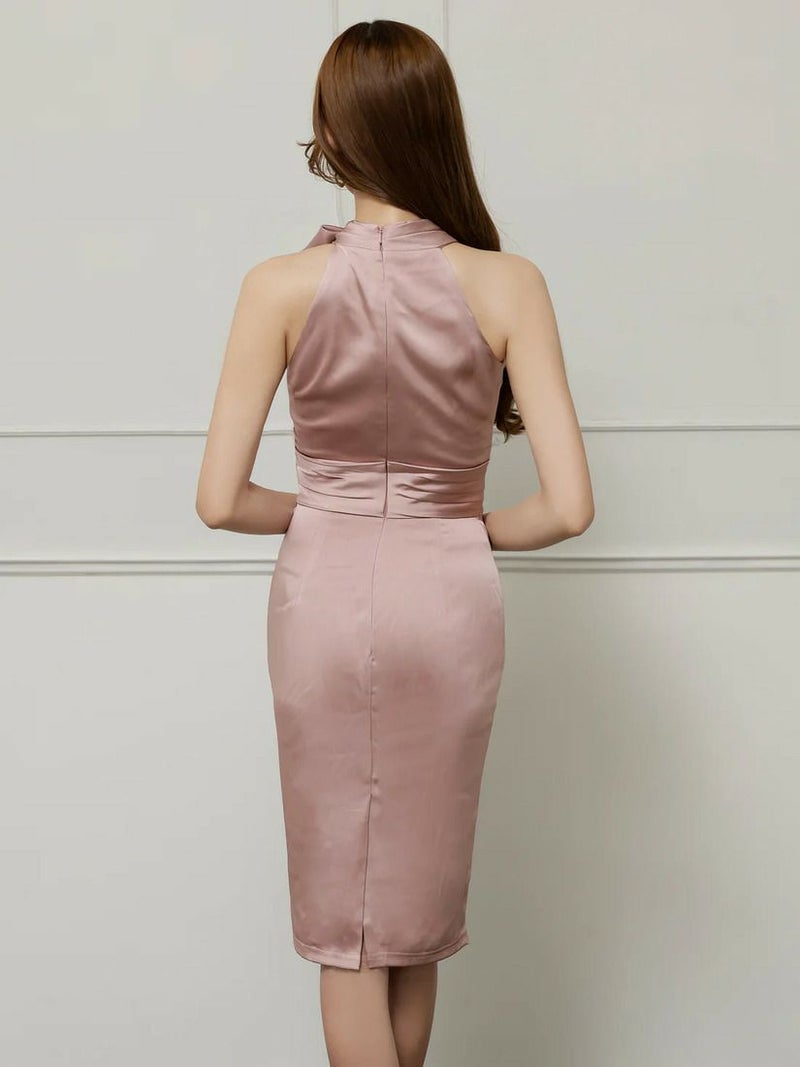 Veautt ヴュート ホルターネックウエストマークドレープビジューミディアムドレス  vt022524-ks