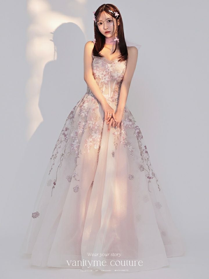  vanityME.couture. バニティミークチュール エレガントフラワー立体刺繍 スパンコール コルセット プリンセス ロングドレス バースデードレス モーヴ vctr-l-a1455