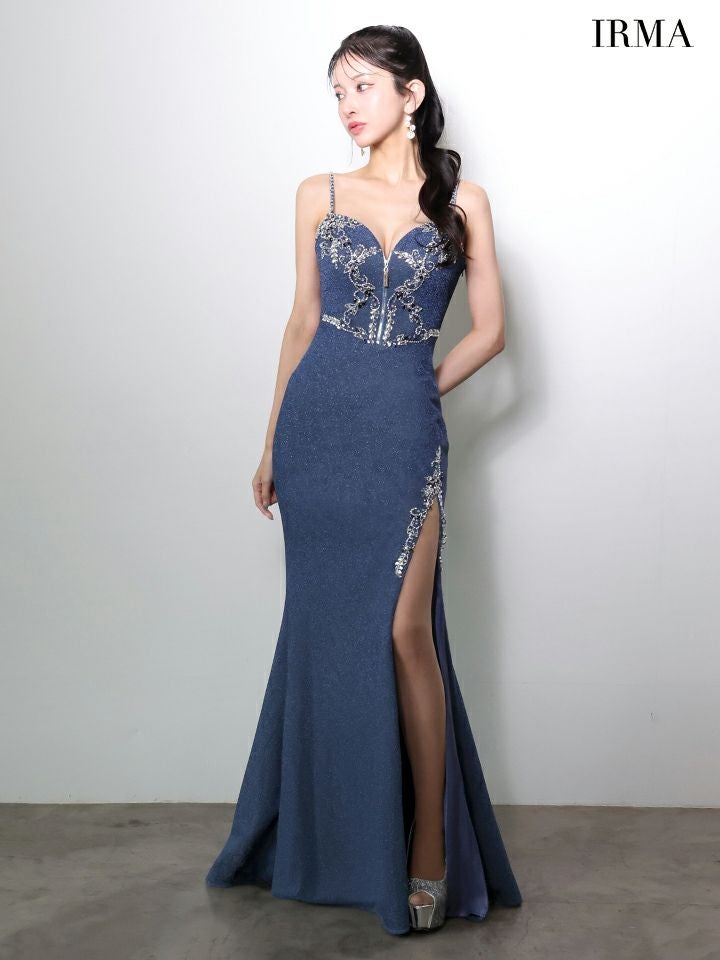 IRMA イルマ フロントジップ/ビジュー刺繍/スリット入り/タイト ロングドレス ir51970-c