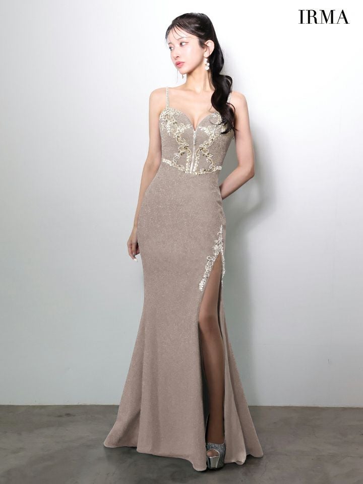 IRMA イルマ フロントジップ/ビジュー刺繍/スリット入り/タイト ロング