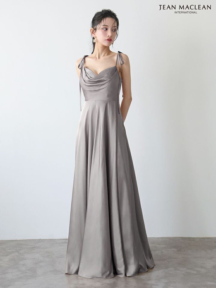 JEAN MACLEAN ジャンマクレーン ラグジュアリーサテン/ワンカラー/リボンショルダー/ドレープ/Aライン/フレア/ロングドレス ja51975-c