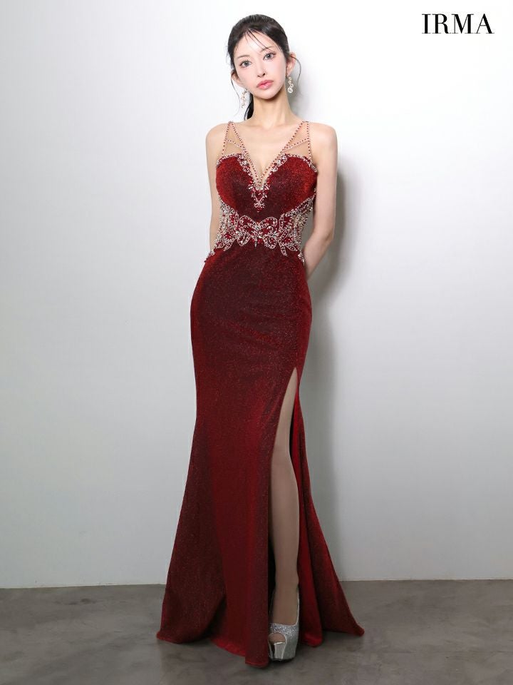 IRMA イルマ ラメニット/ラグジュアリービジュー/カットアウト/スリット入り/タイト ロングドレス ir51971-c