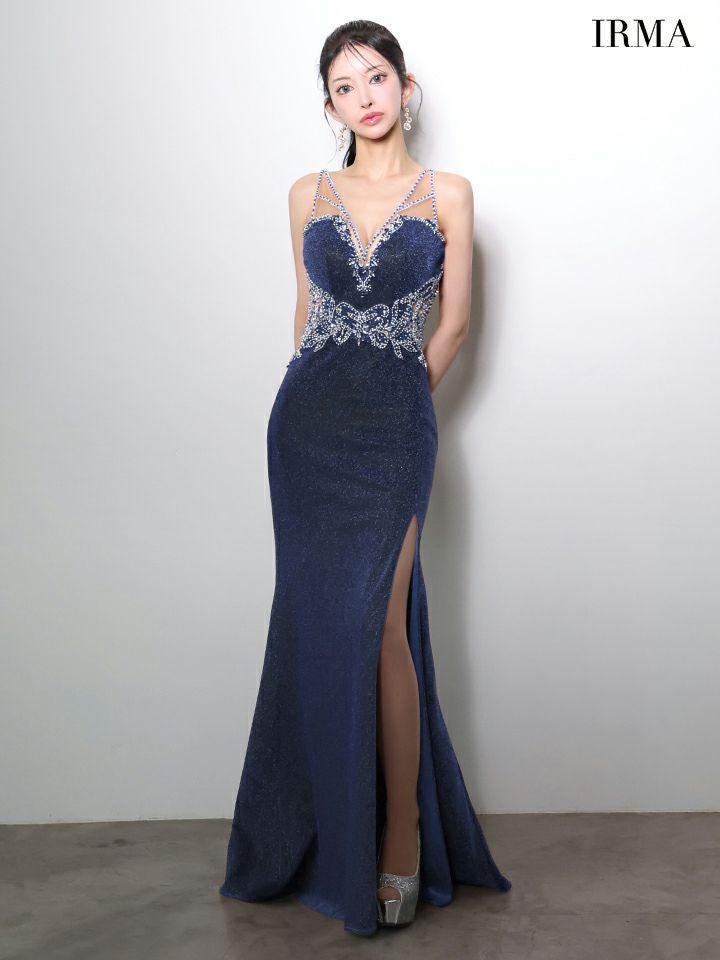 IRMA イルマ ラメニット/ラグジュアリービジュー/カットアウト/スリット入り/タイト ロングドレス ir51971-c