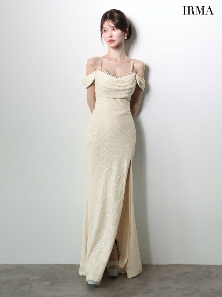 IRMA イルマ オフショル/スパンコールニット/ドレープ/スリット入り/タイト ロングドレス ir51972-c
