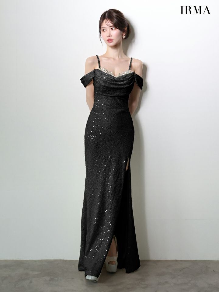 IRMA イルマ オフショル/スパンコールニット/ドレープ/スリット入り/タイト ロングドレス ir51972-c