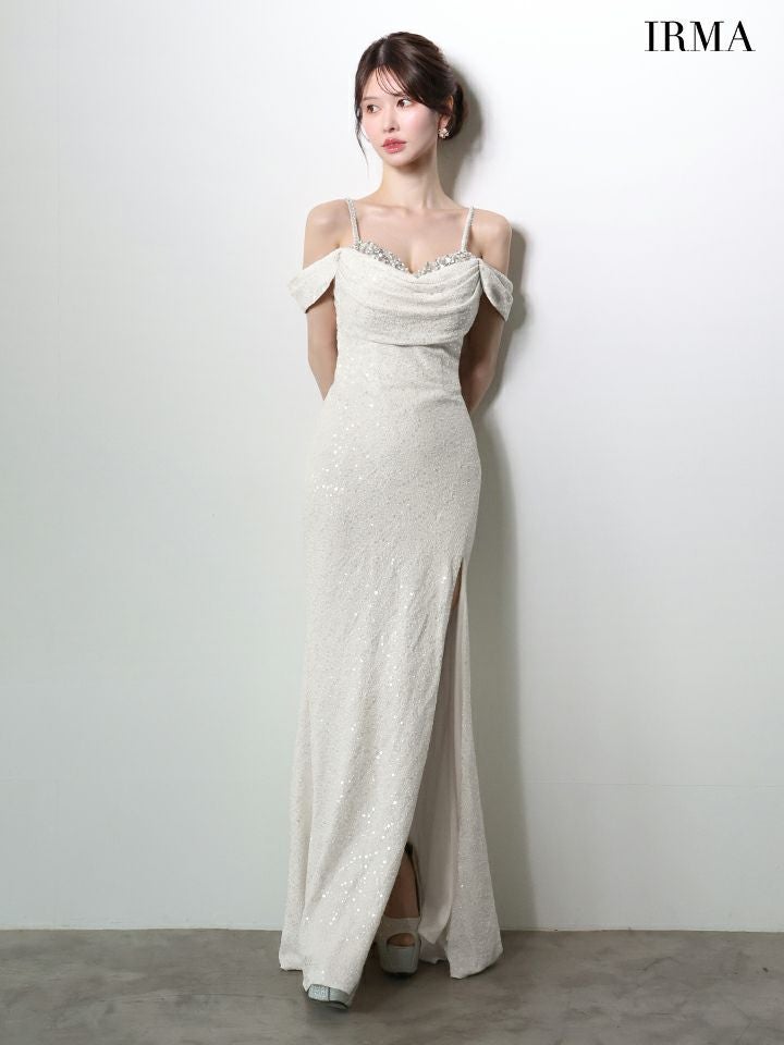 IRMA イルマ オフショル/スパンコールニット/ドレープ/スリット入り/タイト ロングドレス ir51972-c