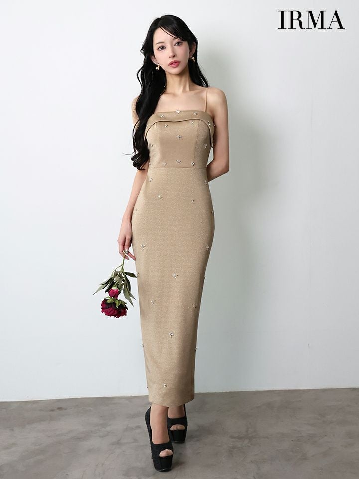 IRMA イルマ ワンカラー/ビジュースタッヅ/キャミソール/ミモレ丈/タイト ロングドレス ir51973-c