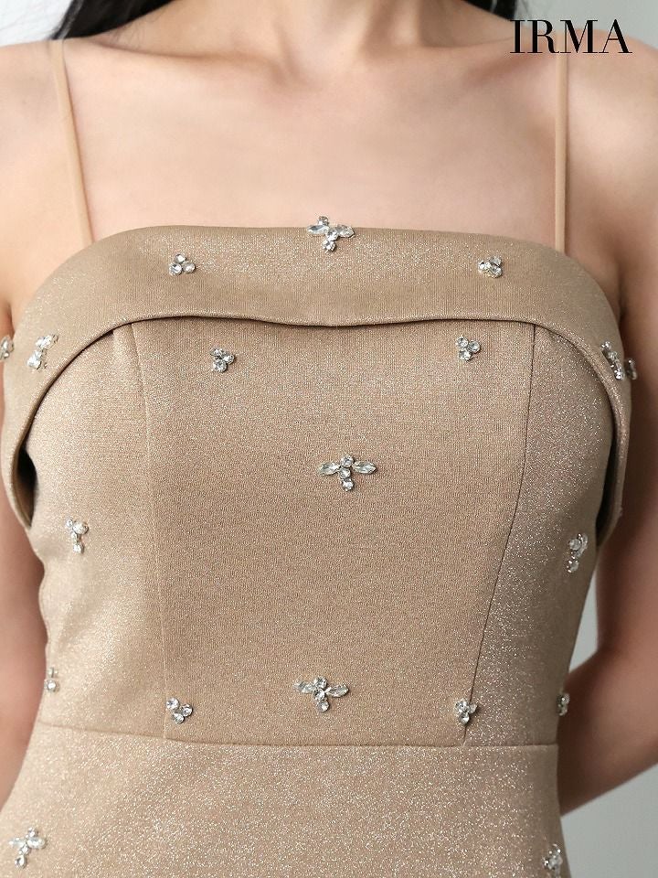 IRMA イルマ ワンカラー/ビジュースタッヅ/キャミソール/ミモレ丈/タイト ロングドレス ir51973-c