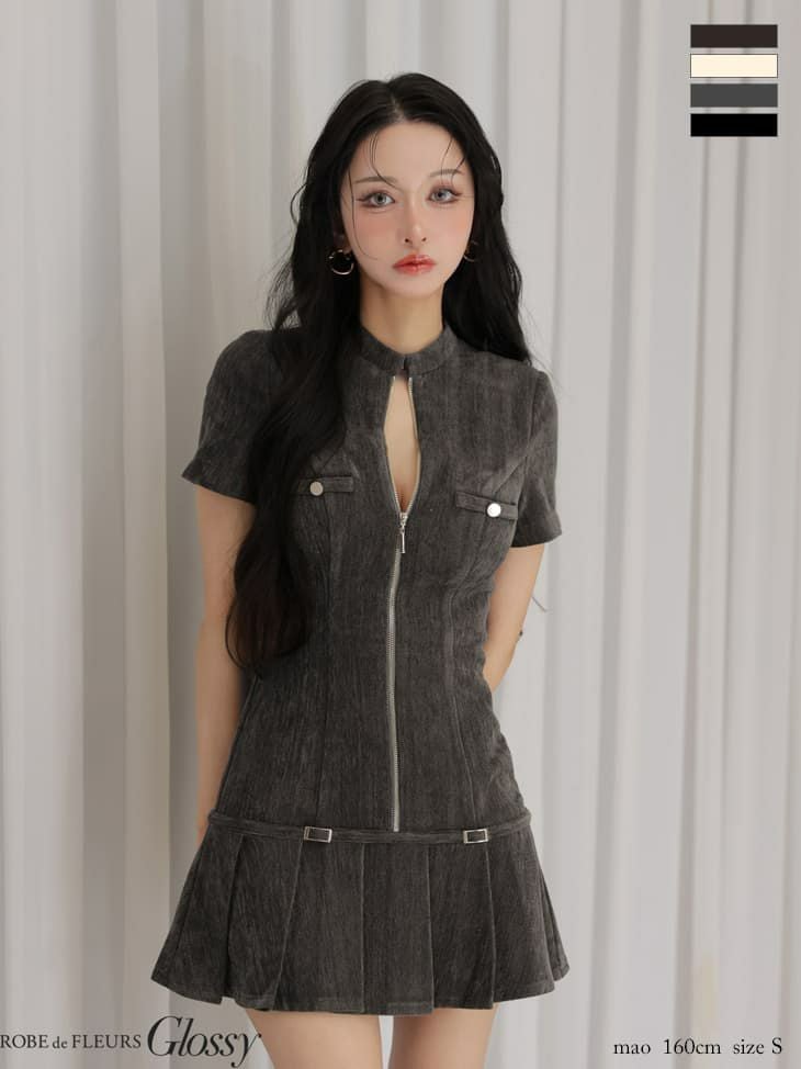 Glossy ローブドフルールグロッシー 【XSサイズあり】起毛ニットジップアップ半袖セットアップミニキャバドレス gl3964-c