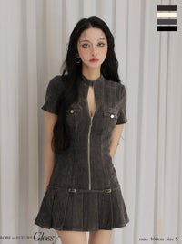 Glossy ローブドフルールグロッシー 【XSサイズあり】起毛ニットジップアップ半袖セットアップミニキャバドレス gl3964-c