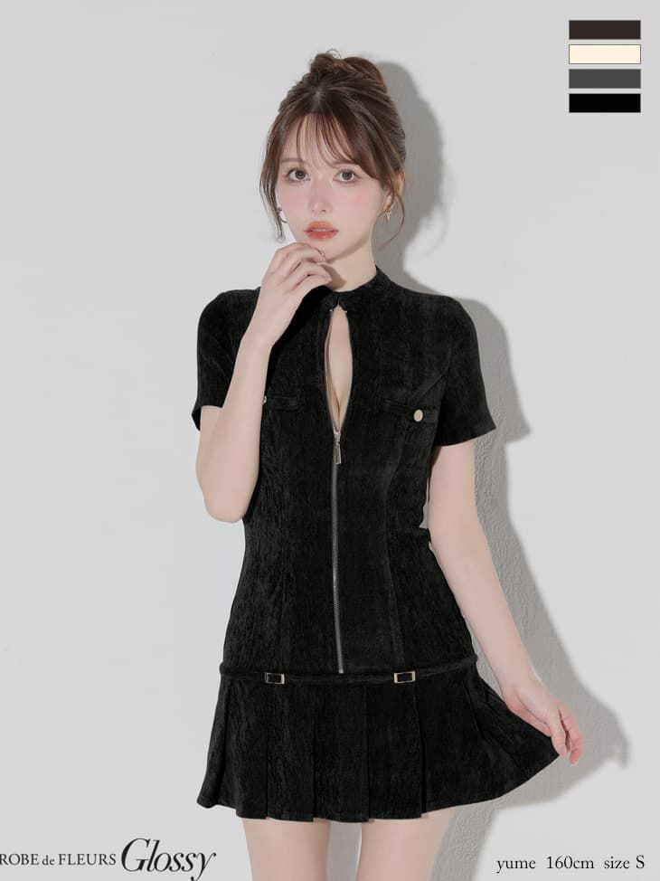 Glossy ローブドフルールグロッシー 【XSサイズあり】起毛ニットジップアップ半袖セットアップミニキャバドレス gl3964-c