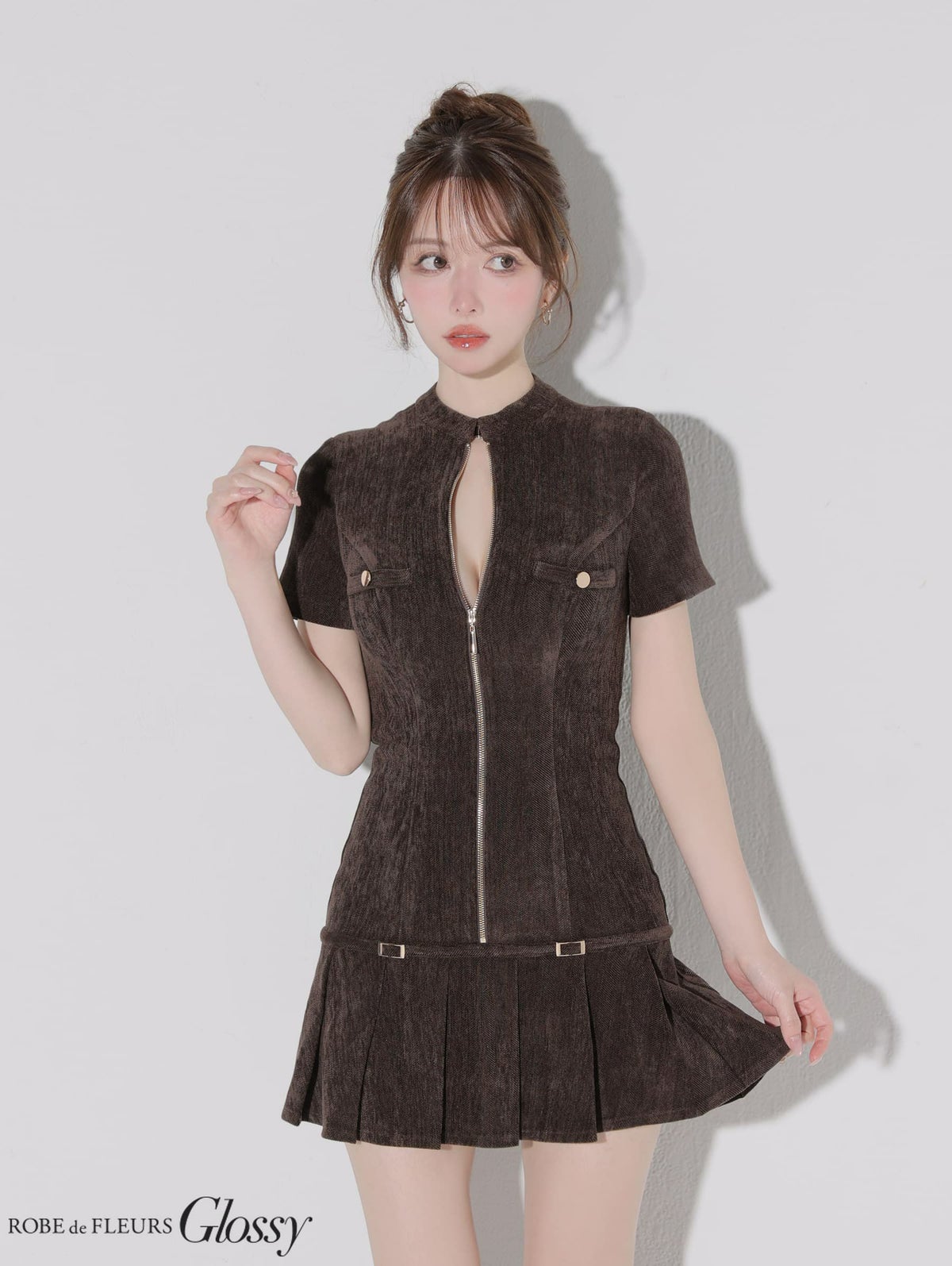 Glossy ローブドフルールグロッシー 【XSサイズあり】起毛ニットジップアップ半袖セットアップミニキャバドレス gl3964-c