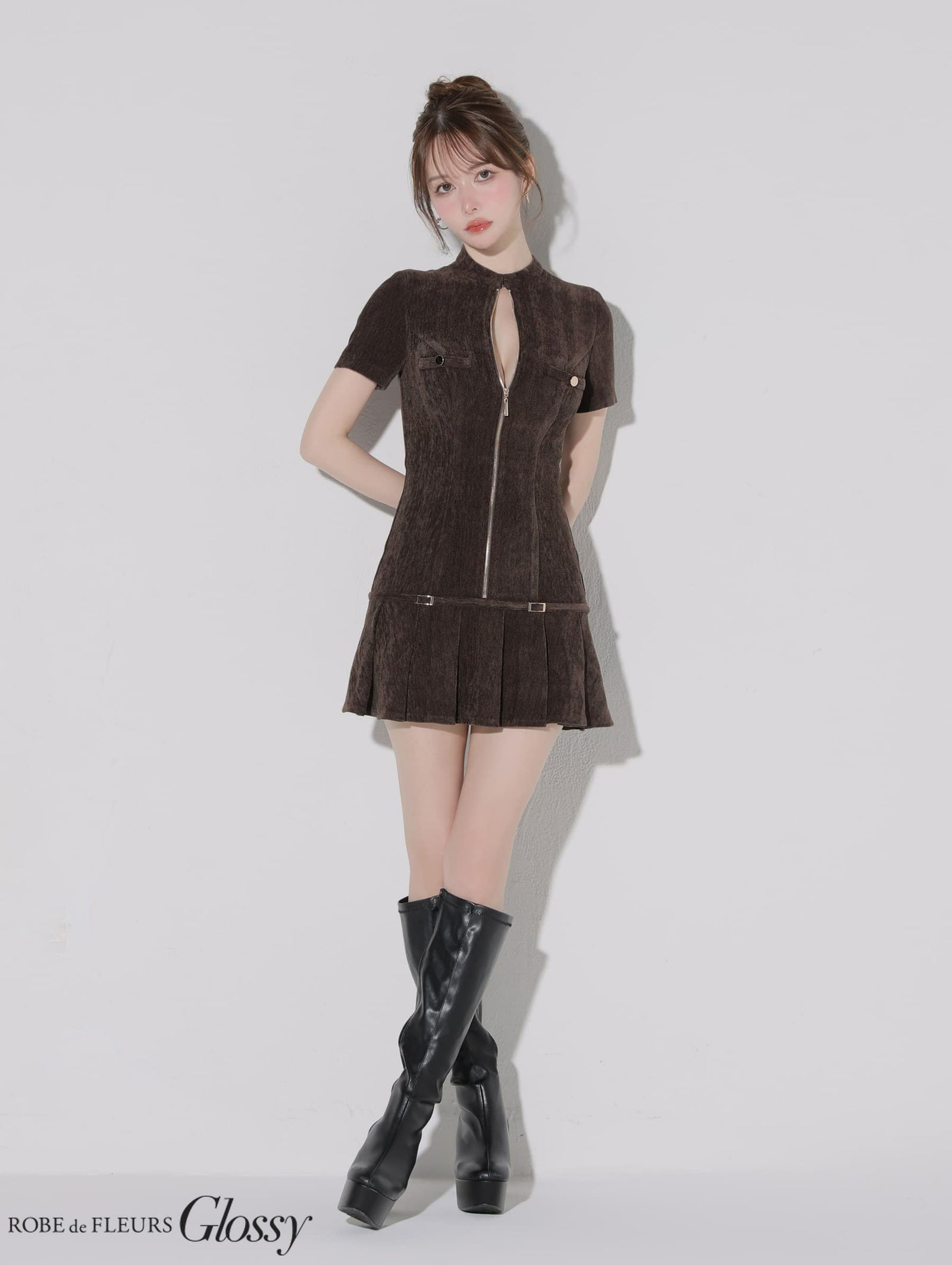 Glossy ローブドフルールグロッシー 【XSサイズあり】起毛ニットジップアップ半袖セットアップミニキャバドレス gl3964-c