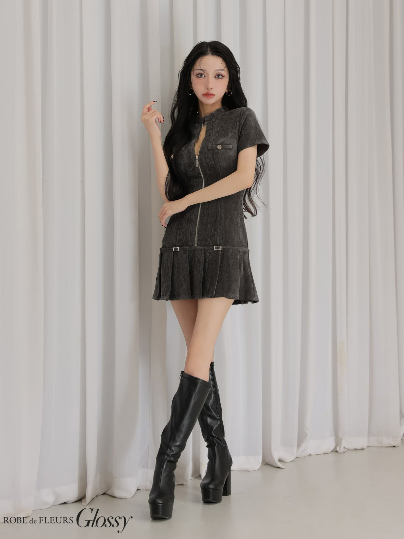 Glossy ローブドフルールグロッシー 【XSサイズあり】起毛ニットジップアップ半袖セットアップミニキャバドレス gl3964-c