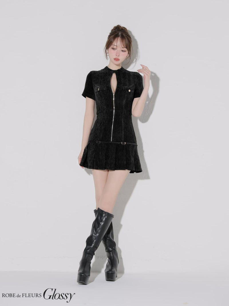Glossy ローブドフルールグロッシー 【XSサイズあり】起毛ニットジップアップ半袖セットアップミニキャバドレス gl3964-c