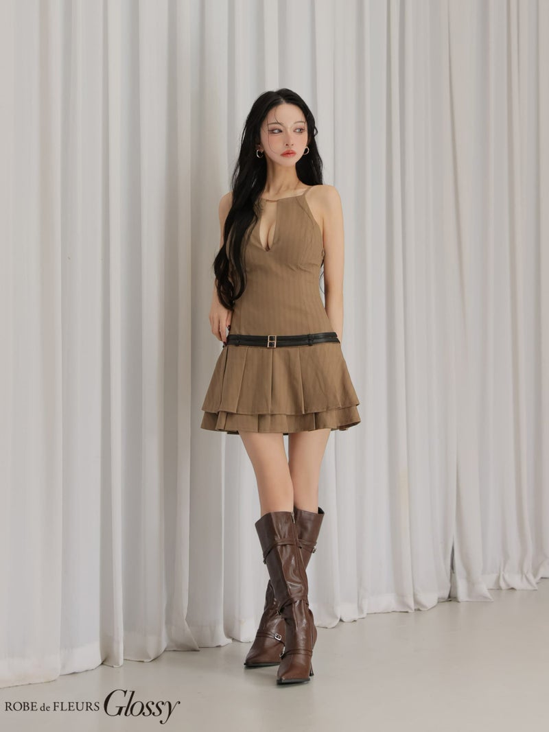 Glossy ローブドフルールグロッシー 【XSサイズあり】 ヘリンボーンレザーベルトフレアミニキャバドレス gl4158-c