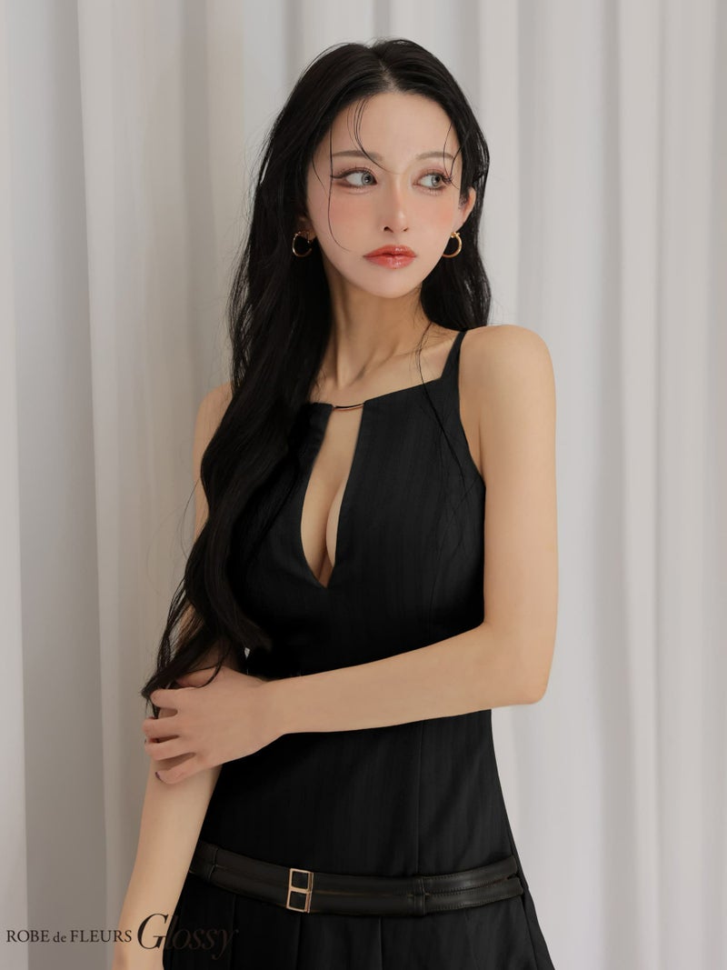 Glossy ローブドフルールグロッシー 【XSサイズあり】 ヘリンボーンレザーベルトフレアミニキャバドレス gl4158-c