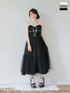 ROBE de FLEURS ローブドフルール 【XSサイズあり】 ドットパールリボン チュールフレアロングキャバドレス fm4335