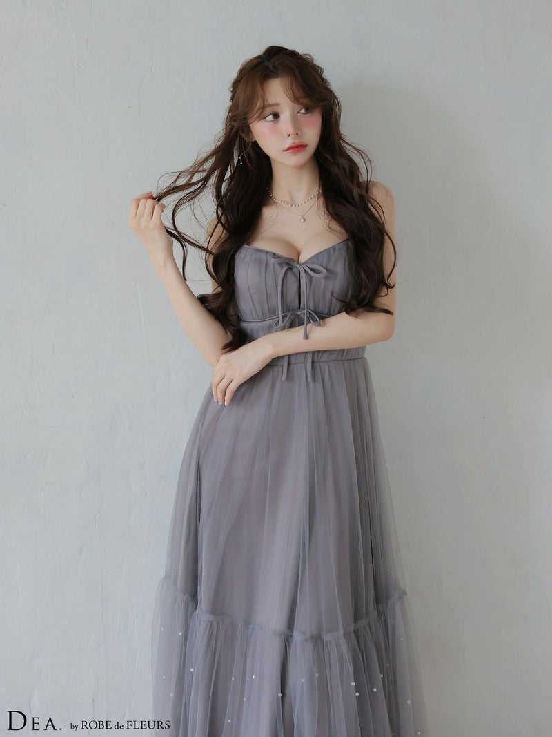 ROBE de FLEURS ローブドフルール 【XSサイズあり】 ドットパールリボン チュールフレアロングキャバドレス fm4335