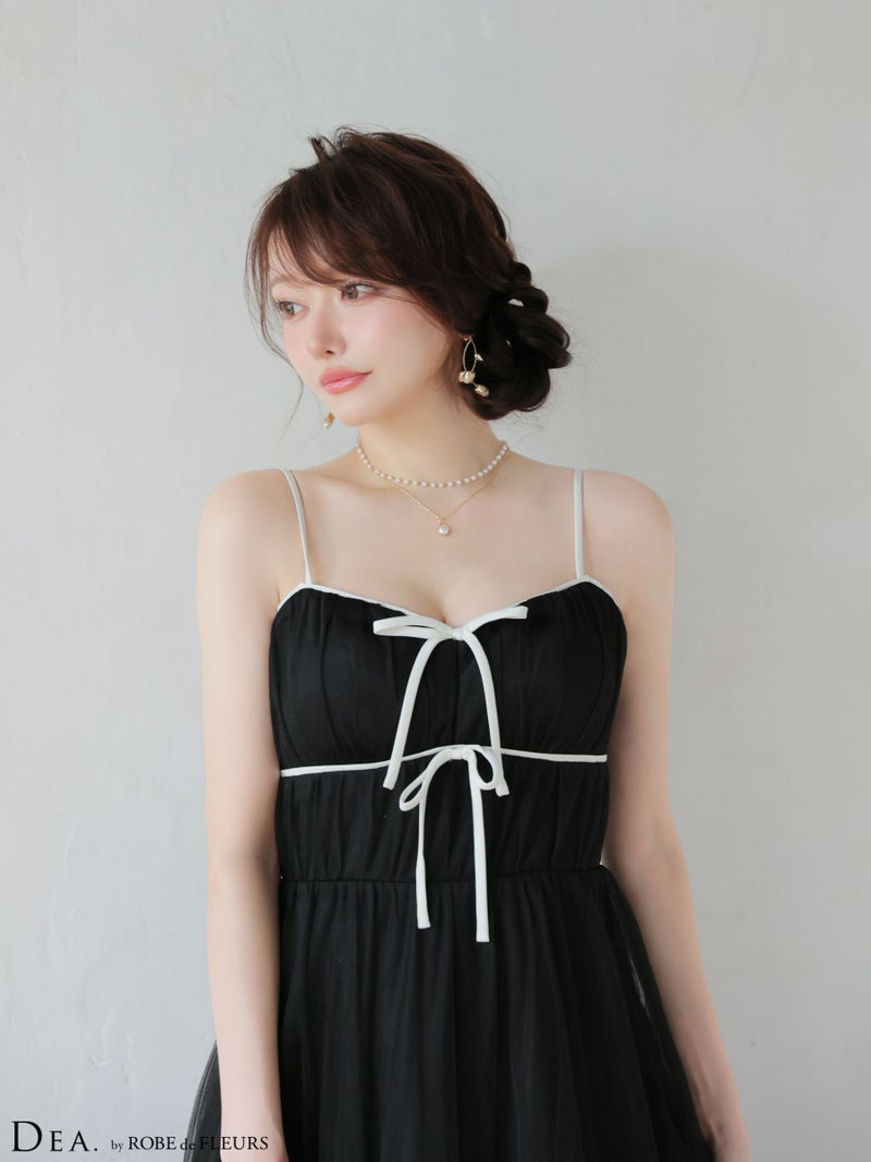 ROBE de FLEURS ローブドフルール 【XSサイズあり】 ドットパールリボン チュールフレアロングキャバドレス fm4335