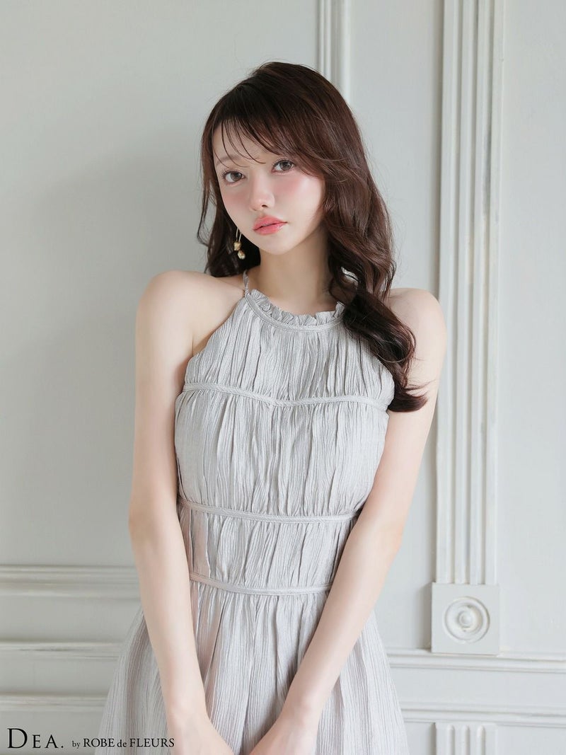 DEA. ディア バイ ローブドフルール 【S～Lサイズあり】 ホルターネックサテンティアードフレアロングキャバドレス de4615